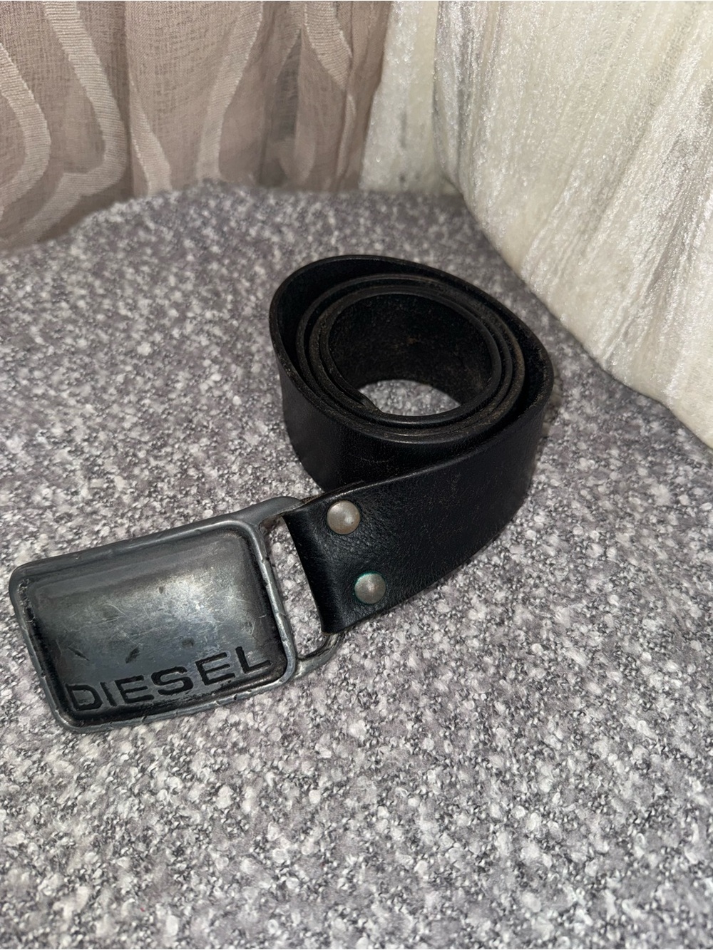 Diesel Black Belt with Distressed Silver Logo Buckle